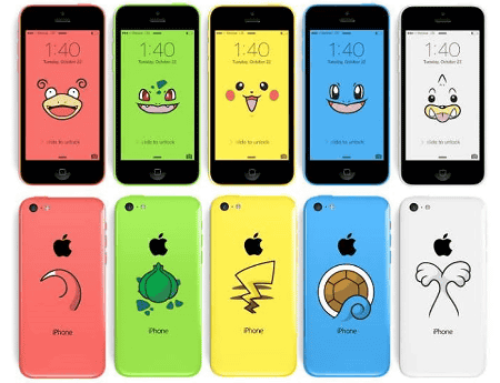 「iPhone 5c」のピンク、グリーン、イエロー、ブルー、ホワイトの本体カラーに合ったポケモンを選び、壁紙とステッカーを作成