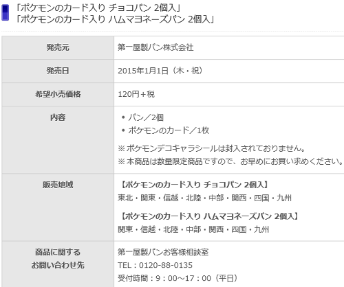 ポケモンのカードが入ったポケモンパン（「チョコパン 2個入」、「ハムマヨネーズパン 2個入」）は、2015年1月1日から税別120円で販売されます