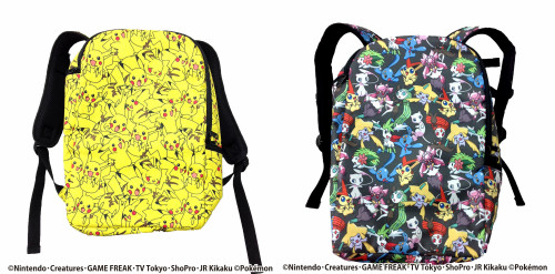 ピカチュウのデザインのバックパックと、ポケモン総柄のバックパックが発売