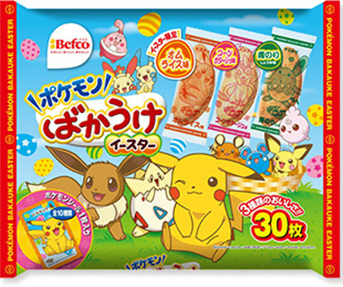 栗山米菓のお菓子「ばかうけ」と、ポケモンがコラボした新商品として、「ポケモンばかうけイースター」、「4Pポケモンばかうけ（コーンポタージュ味）」
