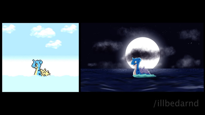左が「ポケットモンスター銀」の実際のオープニング映像で、右がアニメで再現した映像です