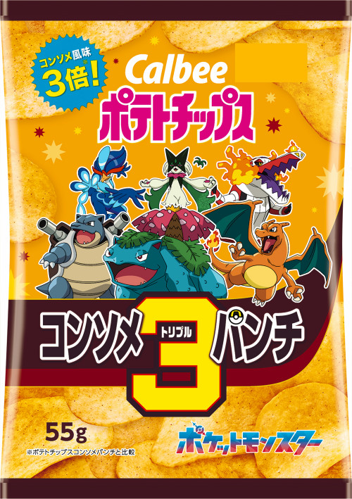 「ポテトチップス コンソメパンチ」は、コンソメ風味のポテトチップスであり、通常の味、コンソメ風味を2倍にした「Wパンチ」、コンソメ風味を3倍にした「トリプルパンチ」の3種類が