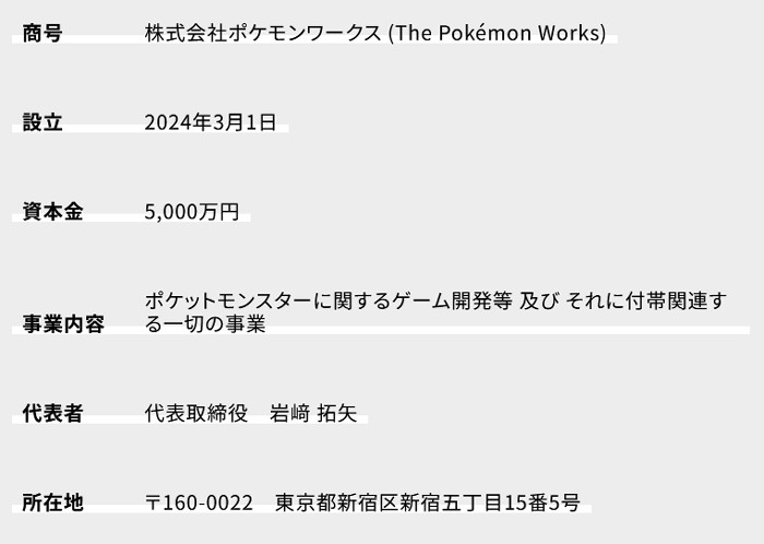 株式会社ポケモンワークスの公式サイトは、まず、会社概要として上のようなものが書かれています